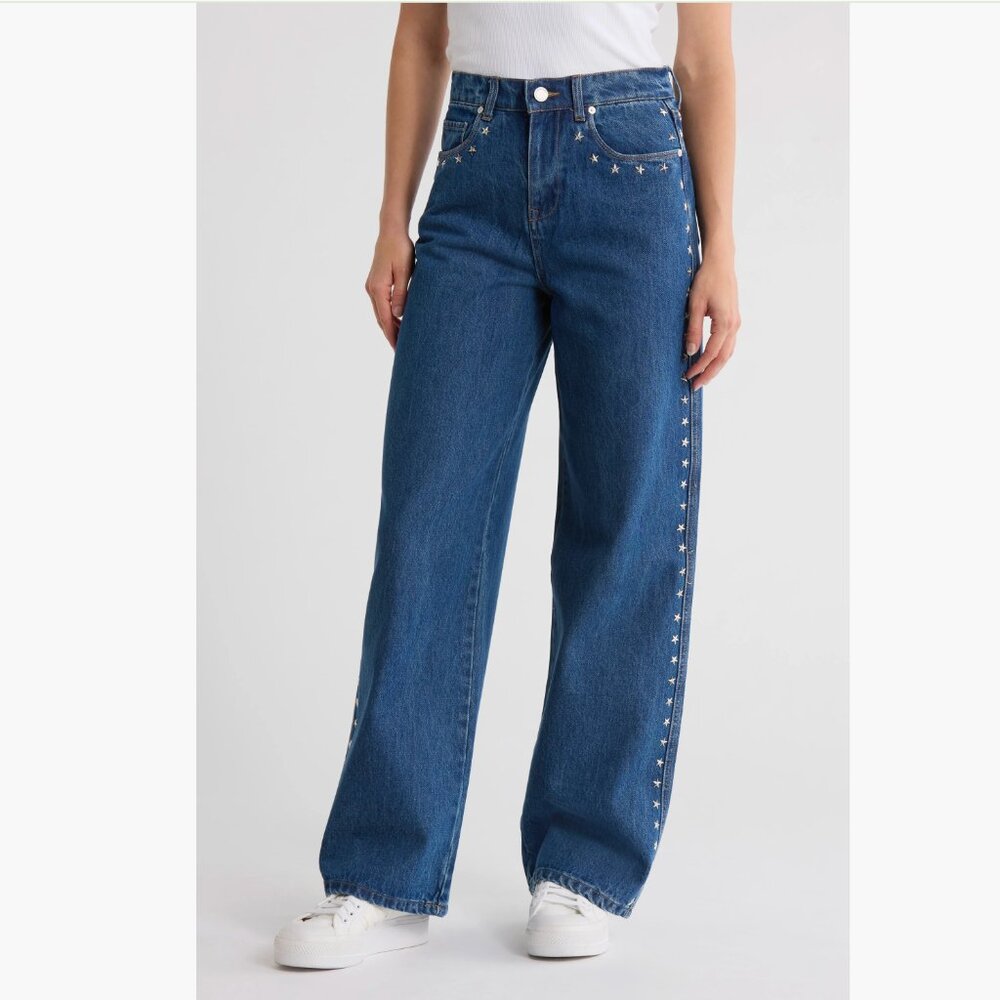 NWT BLANKNYC Franklin Star Studded Rib Cage High Waist Wide Leg Jeans 24